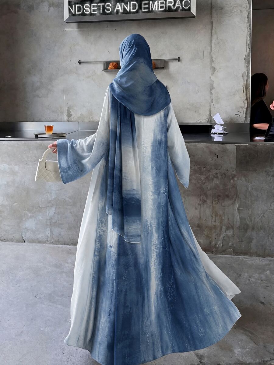Yasveil 女款印花休閒優雅寬鬆長款睡袍附頭巾 - 霧霾藍 - 查看 1