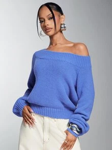 Denimoi Women's Autumn/Winter Solid Color Asymmetrical Shoulder Straight Neckline Loose Oversized Chunky Knit Long Sleeve Sweater - Blue - View 4