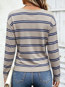 EMERY ROSE Women's V-Neck T-Shirt, Spring/Autumn Outdoor Top, Minimalist Striped Print Pattern, Pattern Design, High-End Feel, Casual Versatile, Daily Wear, Outdoor, Shopping, Travel Outdoor Outfit - Multicolor - View 2