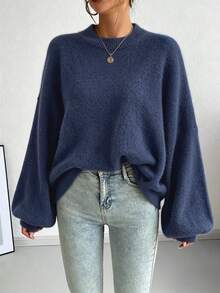SHEIN 秋冬法式慵懶圓領寬鬆休閒百搭長袖針織毛衣 - 藍色 - 查看 5
