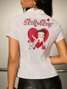 Betty Boop x SHEIN Women's Short Sleeve Striped Back Print Shirt - White - View 5