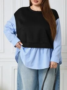 SHEIN CURVE+ Women's Plus Size Striped Patchwork 2 In 1 Shirt Sweatshirt, Casual Loose Fit Top For Autumn/Winter, Suitable For 5XL-8XL - Black - View 4