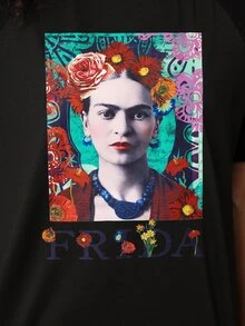 Chillnights Frida Kahlo X SHEIN ملابس علوية بيجامة نسائية بطبعة شخصيات وأكمام قصيرة - الأسود - مشاهدة 4