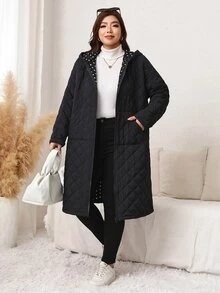 Easowa Curve Plus Size Women's Long Sleeve Zipper Front Pocket Hooded Winter Jacket - Black - View 1