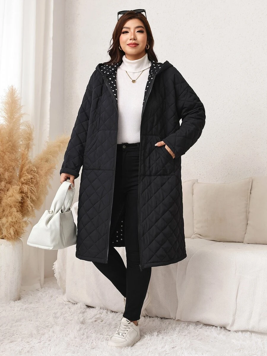 Easowa Curve Plus Size Women's Long Sleeve Zipper Front Pocket Hooded Winter Jacket - Black - View 1