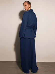 COSMINA Women's Solid Color Long Sleeve Waist Knot Top And Long Pants Elegant Set - Blue Gray - View 5