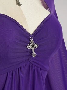 SHEIN ICON 女款大尺碼網紗心形領不對稱下擺時尚上衣 - 紫色 - 查看 9