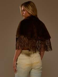 MUSERA Faux Fur Fluffy PU Fringed Detail Button Through Poncho Top Autumn Winter Fall Western Cowgirl Cute - Mocha Brown - View 3