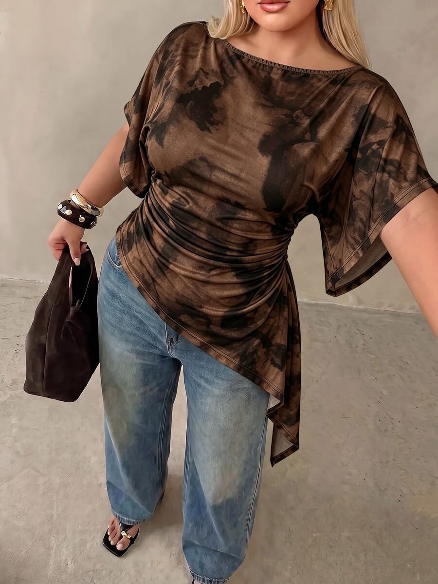 Auralis Plus Size Women's Tie-Dye Pleated Casual Versatile Daily T-Shirt - Multicolor - View 1