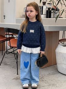 Hapijoa Young Girl Patchwork Ruffle Hem Long Sleeve Round Neck Cute Sweater - Navy Blue - View 5