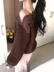 DAZY Women's Mesh Lace Patchwork Long Sleeve Elegant Banquet Net-Like Autumn/Winter Solid Color Sweater - Coffee Brown - View 5