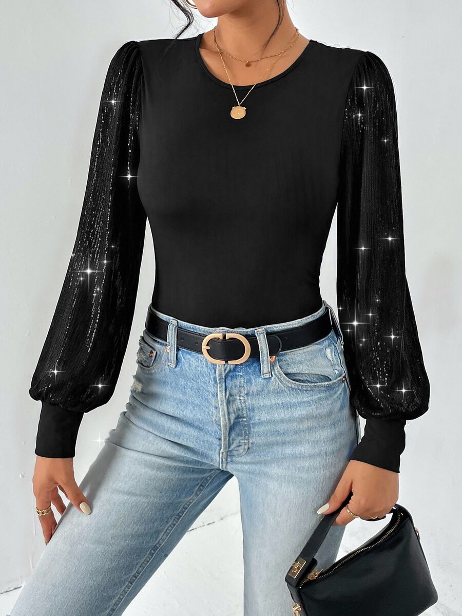 SHEIN BASICS 女款時尚黑色亮片裝飾長袖緊身連身衣上衣,適合晚裝、秋冬新年穿搭 - 黑色 - 查看 1
