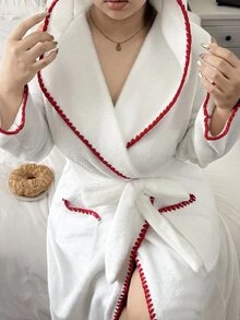 Napfluff CURVE Napfluff CURVE Contrast Color Machine Embroidered Trim With Dual Pockets Lapel Collar Plush Long Sleeve Plus Size Women's Robe - White - View 5
