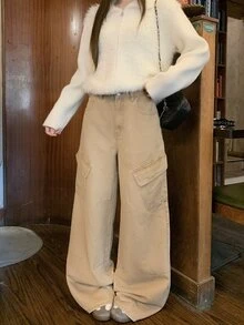 DAZY Women's Loose Wide Leg Denim Jeans - Khaki - View 3