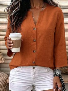 SHEIN LUNE Plus Size Women Solid Color Notch V-Neck Casual Everyday Blouse - Multicolor - View 4