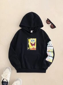 SpongeBob SquarePants | SHEIN Tween Boy Cartoon Pattern Casual Daily Wear Sweatshirt - Black - View 1