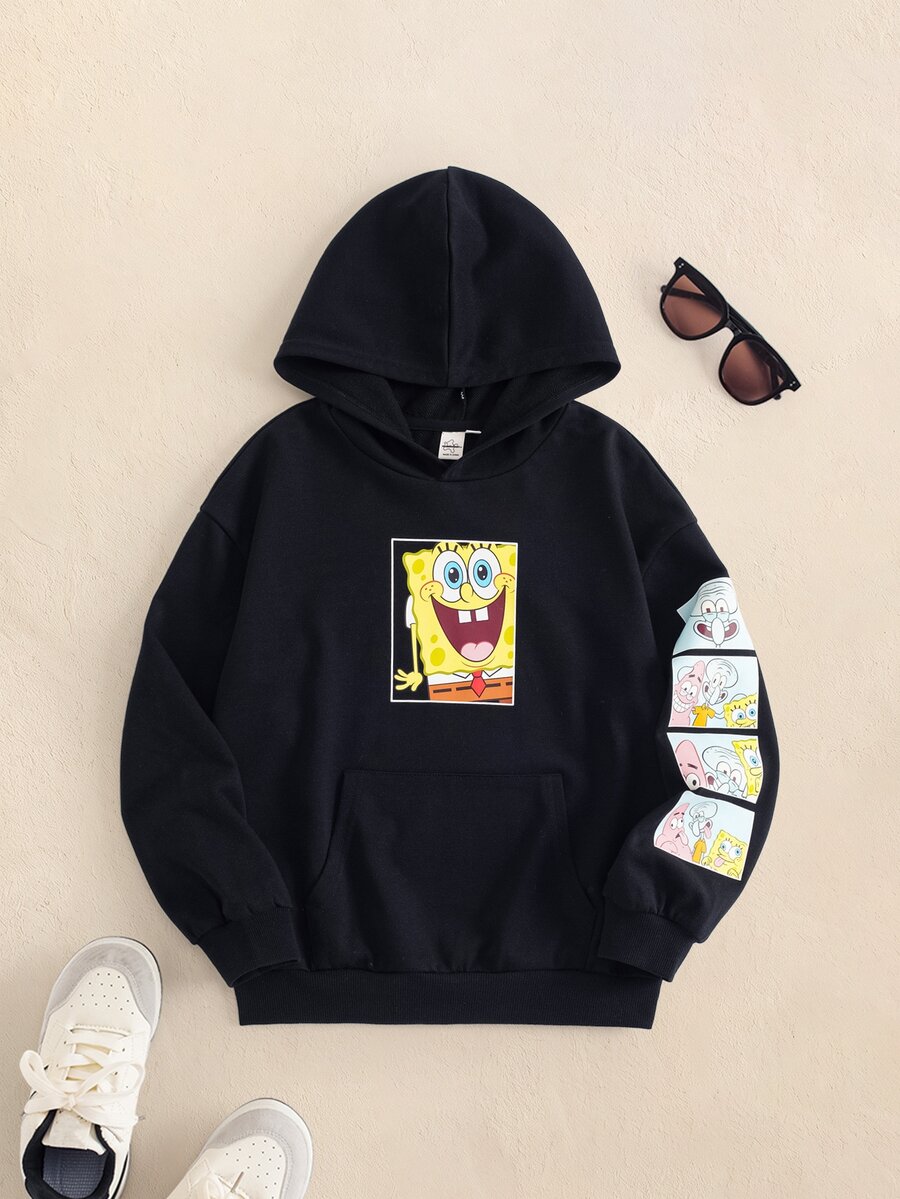 SpongeBob SquarePants | SHEIN Tween Boy Cartoon Pattern Casual Daily Wear Sweatshirt - Black - View 1