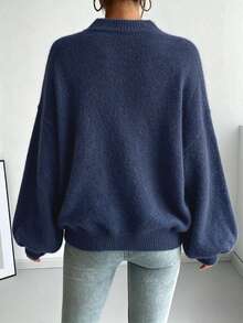 SHEIN 秋冬法式慵懶圓領寬鬆休閒百搭長袖針織毛衣 - 藍色 - 查看 2