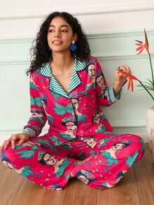 Chillnights Frida Kahlo X SHEIN Women's Character Print Single-Breasted Top And Pants Pajama Set - Red - View 4