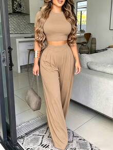 SHEIN Tall Fashionable Women's Slim Fit Minimalist Light Coffee Color 2 Pieces Set - Apricot - View 3