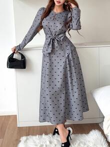 Feyla New French Design Cutout Neckline Waist-Cinching Slimming Elegant Bow Print Dress - Grey - View 3