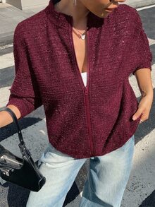 Livesso 女款休閒寬鬆純色酒紅色連帽抽繩長袖套頭衛衣，附前口袋，秋冬連帽衫 - 酒紅色 - 查看 5