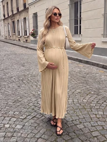SHEIN Maternity Solid Color Round Neck Flared Sleeve Elegant Dress - Apricot - View 3