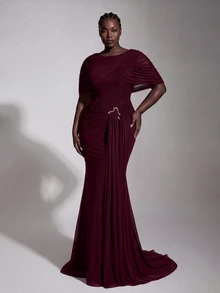 Elitara Plus Size Elegant Luxurious Off-Shoulder Elastic Knit Mesh Ruched Mermaid Skirt, Suitable For Wedding, Event, Bachelorette Party, Vacation, Ball, Evening Dress - Burgundy - View 6