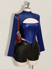SHEIN ICON 女款大尺碼秋冬皮革拼接網布黑色修身T恤 - 寶藍色 - 查看 6