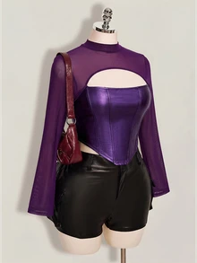 SHEIN ICON Women's Plus Size Autumn/Winter Leather & Mesh Patchwork Black Slim Fit T-Shirt - Purple - View 6