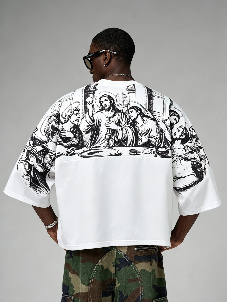 STYNVO Men's Plus Size Character Print Crew Neck Short Sleeve Casual Loose Fit T-Shirt - White - View 1