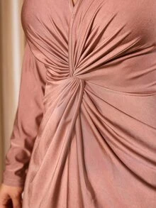 Cravure Plus Size Women Solid Color Pleated V-Neck Casual Daily Summer Dress - Khaki - View 7