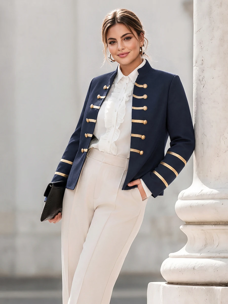 SHEIN Clasi Plus Size Autumn/Winter Colorblock Metal Buckle Napoleon Jacket - Navy Blue - View 1