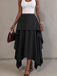 BamGlimmer Black Asymmetrical Long Skirt Fluid Woven Fabric High Waist Loose A-Line Layered Hem Design Hip Silhouette Classy Elegant Party Date Night Fall - Black - View 8