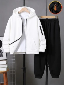 SHEIN 2件組兒童青少年男孩白色連帽衛衣與黑色長褲休閒運動寬鬆兩件套，適合戶外運動、學校、通勤，適用於秋冬季 - 黑與白 - 查看 3