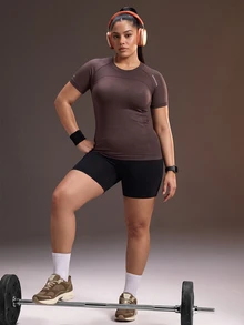 Powerista Women's Plus Size Round Neck Silver Reflective Foil Print Brown Slim Fit High Elastic Seamless Short Sleeve Sports T-Shirt - Brown - View 6