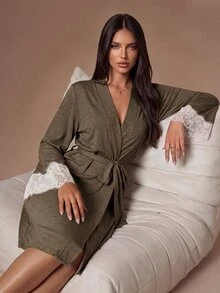 Lazeform Women's Summer Morning Robe With Lace Patchwork And Tie-Up Design, Comfortable Fabric - Brown - View 6
