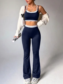 SHEIN Dewbera 女款秋季運動套裝，2合1設計，細肩帶，交叉背帶，海軍藍波點緊身喇叭褲，健身性感運動裝 - 彩色 - 查看 4