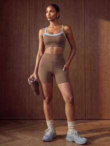 Zivah Bộ đồ tập gym nữ gồm áo ngực thể thao nâng đỡ cao và quần short túi, màu nâu xanh lá tương phản, đệm rời, định hình bụng, tập gym workout, mùa thu và quanh năm, chống lộ vùng nhạy cảm khi squat - Nhiều màu - Xem 8