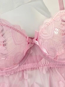 PetitDoll Sexy Sweet Lace Bra And Bow Decor Triangle Panty Lingerie Set - Pink - View 4