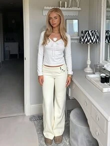 SHEIN Teen Girl Teen Girl Autumn/Winter Fashion Casual High Waist Cuffed Button Decor Knit Solid Color Flare Long Pants - Beige - View 2