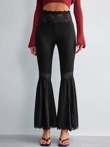 Willow Rêve Women's Black Knitted Flare Pants With Lace Trim - Black - View 3