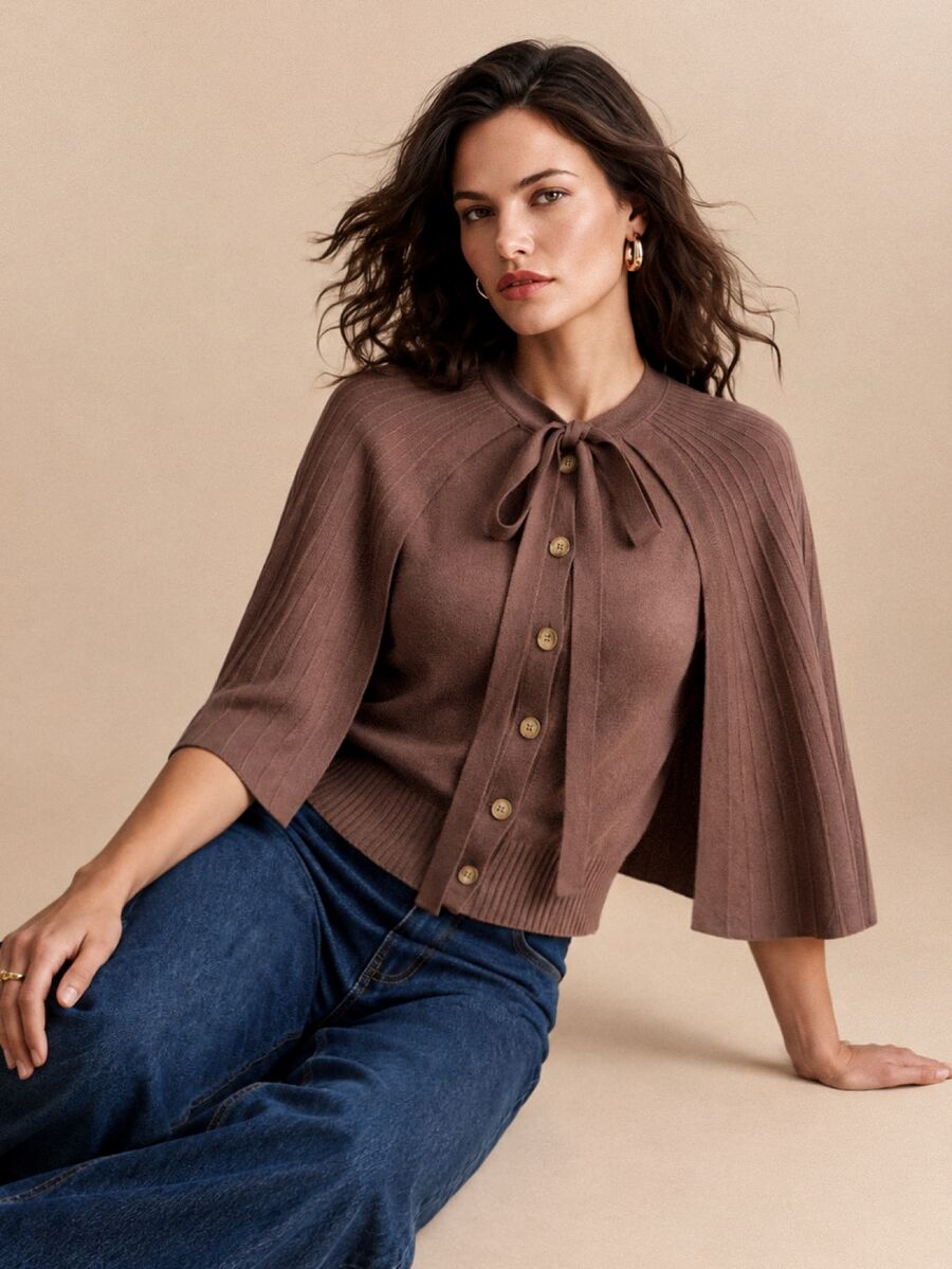 CielaLinda Women's Brown Ruched Cape Knit Cardigan, Tie Front Bow Button Sweater - Brown - View 1
