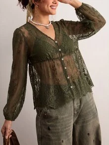 Freevana 女款蕾絲貝殼鈕扣透視襯衫，大尺碼寬鬆優雅休閒日常街頭外出通勤度假春夏女裝大尺碼襯衫 - 軍綠色 - 查看 9