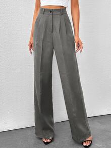 SHEIN Petite Women's Solid Color High Waisted Wide Leg Pants - Grey - View 6