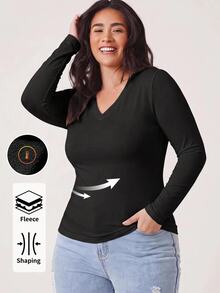 EMERY ROSE Plus Size Women V Neck Black Long Sleeve Fleece Thermal Shaping Tee Fit T-Shirt Fall/Winter Warmth - White - View 1