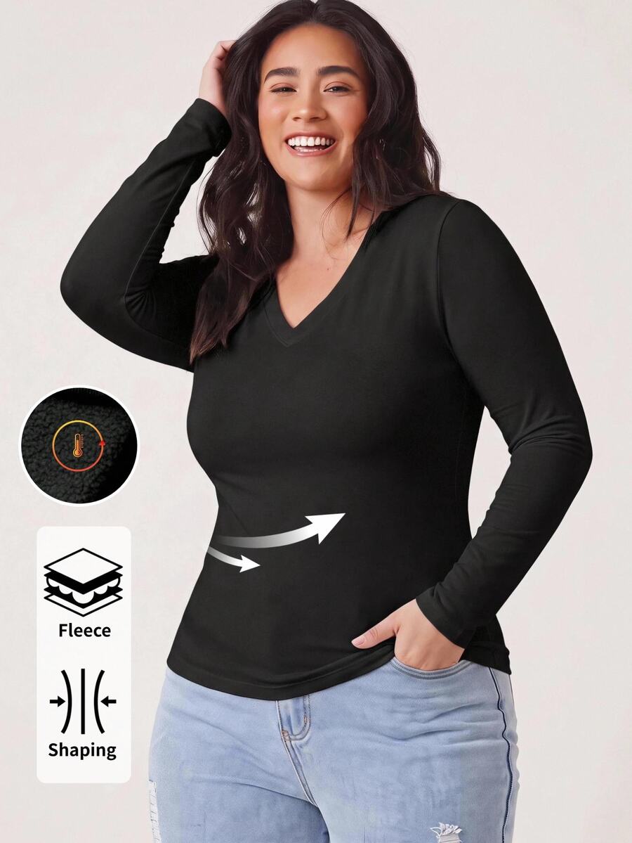 EMERY ROSE Plus Size Women V Neck Black Long Sleeve Fleece Thermal Shaping Tee Fit T-Shirt Fall/Winter Warmth - White - View 1