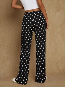 Glamine Women's Autumn Low Waist Elastic Drawstring Tie Waist Draped Ribbed Polka Dot Print Casual Sports Flare Pants - Black - View 2