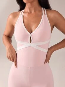 SHEIN BAE Women's Contrast Trim Halter Neck Hollow Out Casual Sports Jumpsuit - Baby Pink - View 4