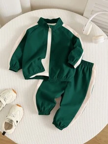 SHEIN 中性嬰兒男/女童 幼兒 2件組 秋冬休閒時尚拼色拼接立領運動衫套裝 外套套裝 嬰兒運動服 冬季衣物 - 綠色 - 查看 1